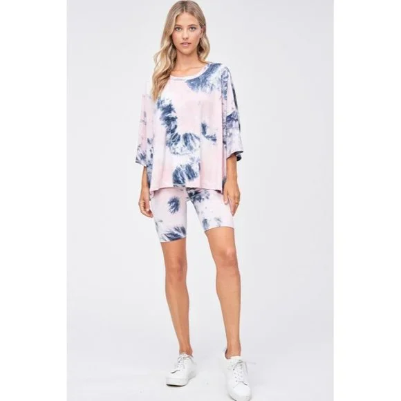 Phil Love Tie Dye Shorts Loungewear Set Blush Navy Intimates Sleepwear